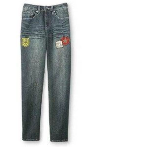 Girls Blue Jeans 5 Crinkled Military Patches Denim Straight 5 Pocket Route 66